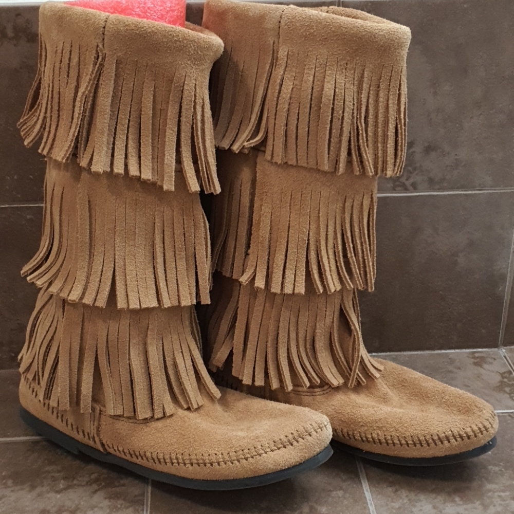 3 layer fringe suede leather boots  mid-calf